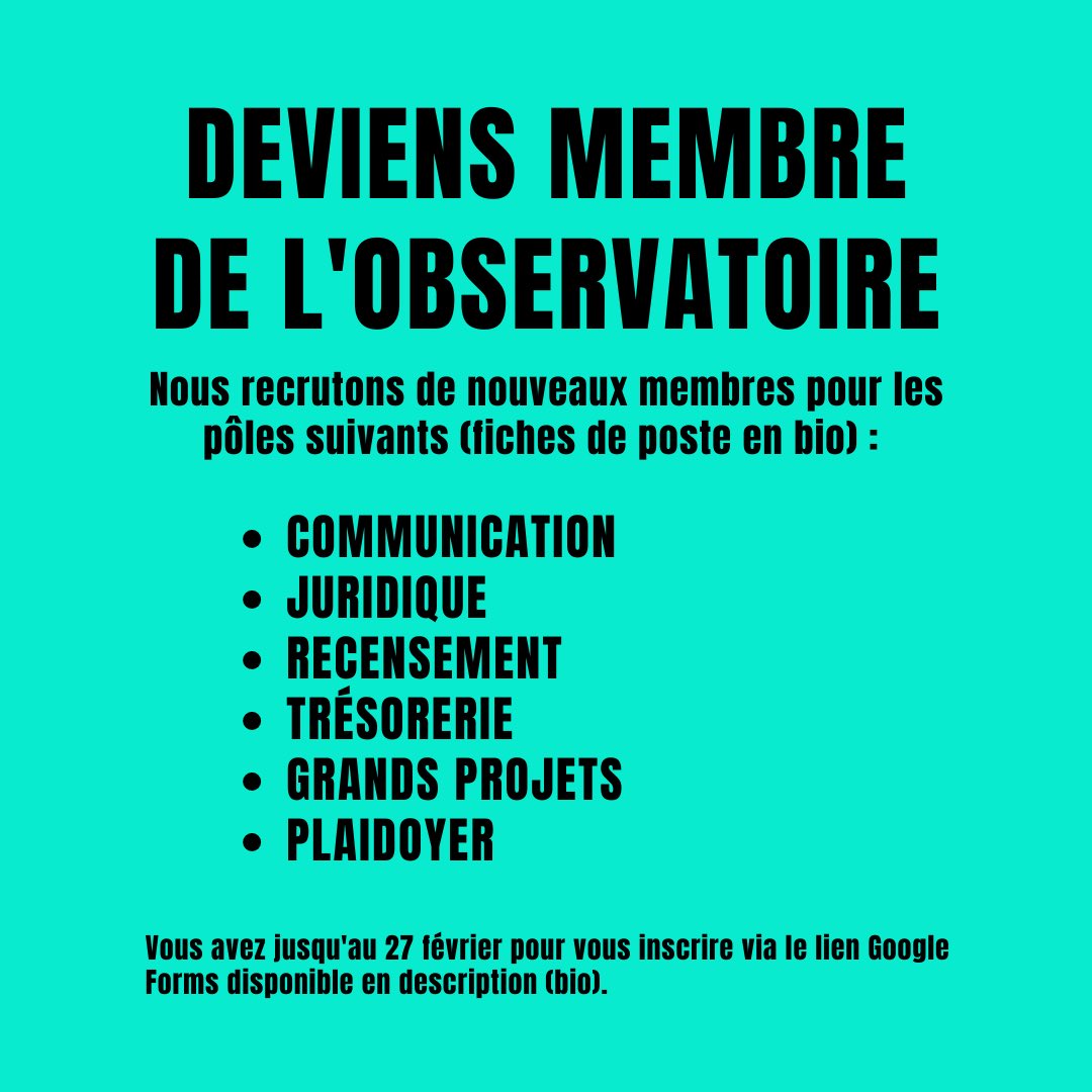 📣 L'Observatoire Étudiant des Violences Sexuelles et Sexistes dans l'Enseignement Supérieur recrute !

🗓 Vous avez jusqu’au 27 février pour candidater

📍Pour postuler et pour voir les fiches de poste, cliquez sur le lien en bio

Voici les différents postes ⤵️