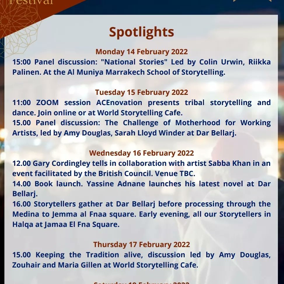 ScheherazadeThe's tweet photo. Marrakech International Storytelling Festival! 

Starts Monday, 14 February 2022...

#storytelling #marrakech #festival https://t.co/24GYMZTZYZ