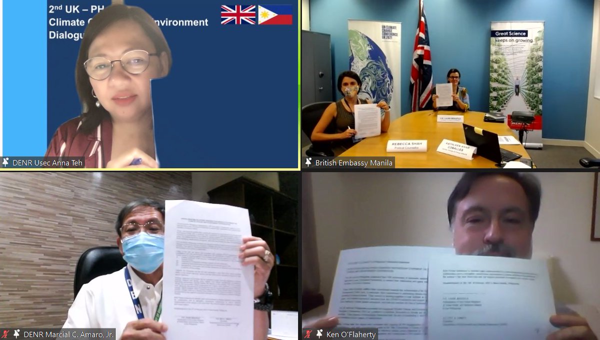 DENROfficial's tweet photo. PH Environment Department and British Embassy in Manila officials lead the signing of the Joint Statement to cap off the 2nd UK-PH Climate Change and Environment Dialogue. | @ukinphilippines
#ClimateChangePH
#CimateActionNow https://t.co/fatlEIUxhU