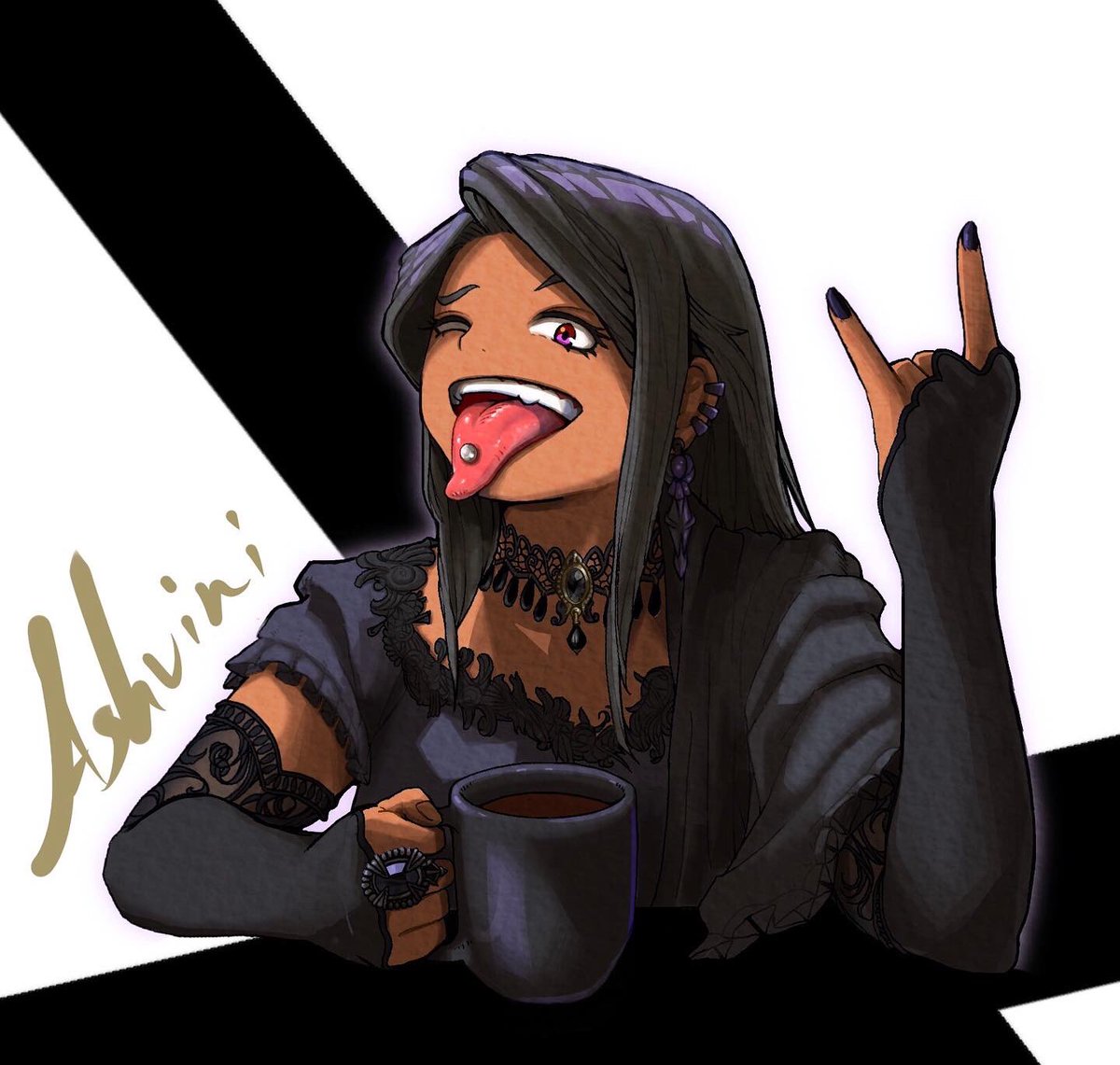 FutoshiSasaki's tweet photo. Tea Character Project - 10
Tea: Assam
Name: Ashvini
Color: Black 
Personality: Popular in a crowd, gets along with everyone. Loves a party and dancing. Has a bit of a volatile temper, but that could be due to the lack of sleep caused by her insomnia.
#gothgirls #metalhorns https://t.co/TQ2jd6gVC9