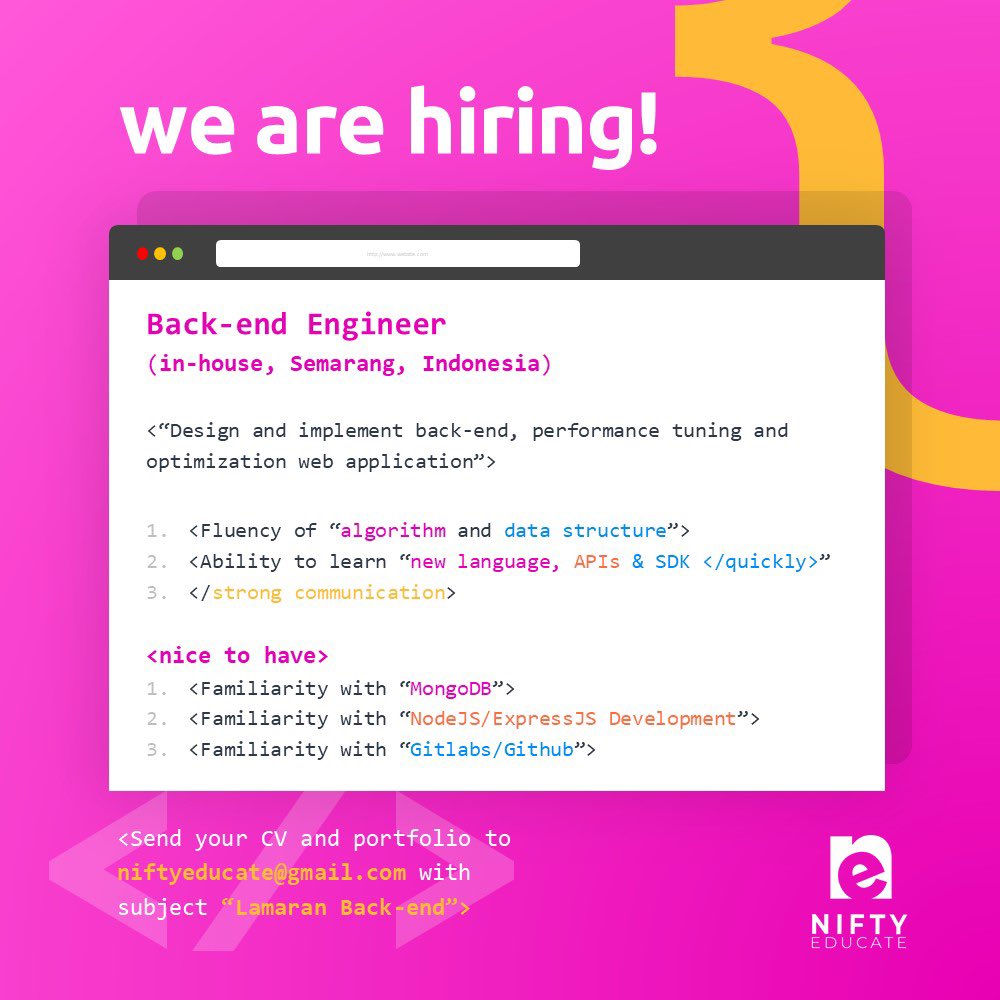 Hello! Greetings from Nifty Educate

We are currently looking for a Front-End Engineer and a Back-End Engineer

Feels like you meet our qualifications above?
Go send your CV and application now and see you on board!

#lokerIT #infoloker #lowkerIT #lokerterbaru