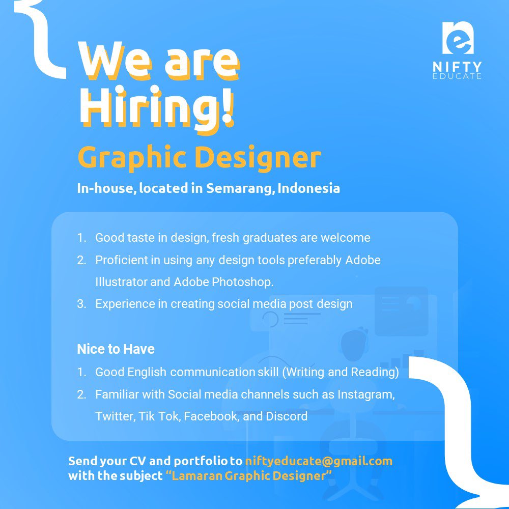 Hello! Greetings from Nifty Educate

We are currently looking for a Graphic Designer

Feels like you meet our qualifications above?
Go send your CV and application now and see you on board!

#loker #lokerdesaingrafis #lokergraphicdesigner #infoloker #lokerdesainergrafis
