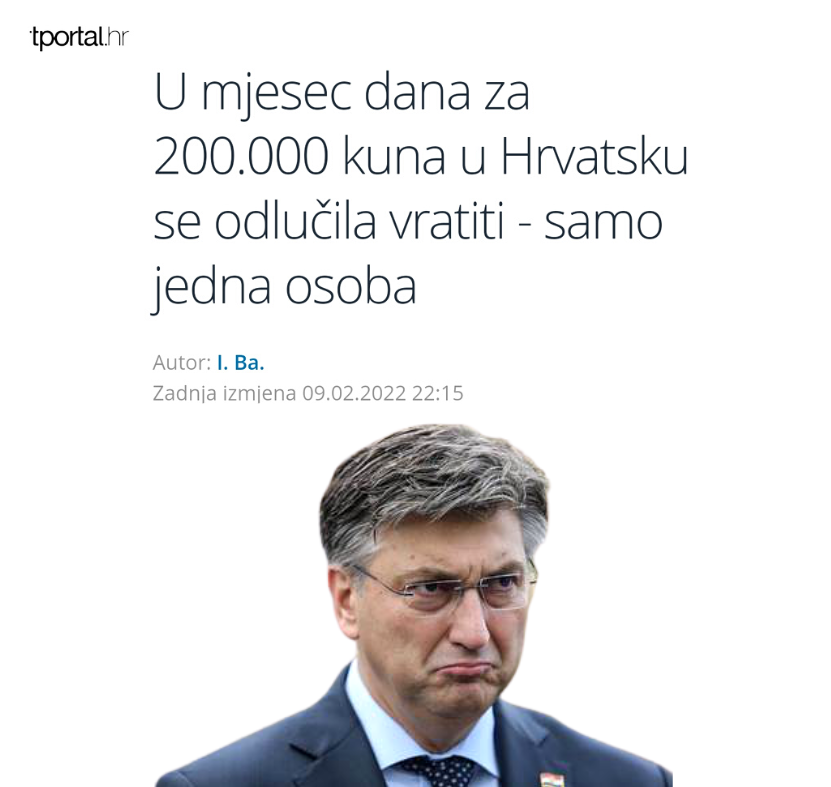 SDPHrvatske's tweet photo. Vladina demografska mjera "Biram Hrvatsku" polučila je uspjeh veći od očekivanog. U Hrvatsku se odlučila vratiti - jedna (1) osoba. 

HDZ misli da se svakoga može kupiti novcem. Građani koje su korupcijom i lopovlukom potjerali iz zemlje danas im se smiju. https://t.co/WTy4D2I856