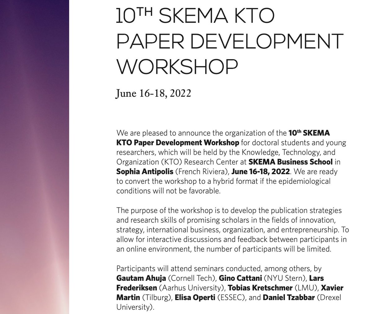 Saverio Favaron (@saveriodave) on Twitter photo The <a href="/SKEMA_BS/">SKEMA Business School</a> KTO PDW will be back in June (16-18) in the French Riviera. A fantastic opportunity for PhD candidates and junior researchers to interact with peers and receive feedback from a great group of scholars. Apply by April 5th 👉tinyurl.com/ktopdw2022 The <a href="/SKEMA_BS/">SKEMA Business School</a> KTO PDW will be back in June (16-18) in the French Riviera. A fantastic opportunity for PhD candidates and junior researchers to interact with peers and receive feedback from a great group of scholars. Apply by April 5th 👉tinyurl.com/ktopdw2022
