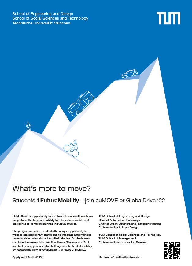 TUMopenLAB's tweet photo. 💡 Are you interested in #future #urban #mobility solutions?
✈️ Would you like to #travel across Europe and investigate local mobility concepts?
Then apply now for #euMOVE and #GlobalDrive 2022:
➡️ https://t.co/YuksnQZQYk
Application deadline: 15.02.2022 https://t.co/4jNZEiO1NY