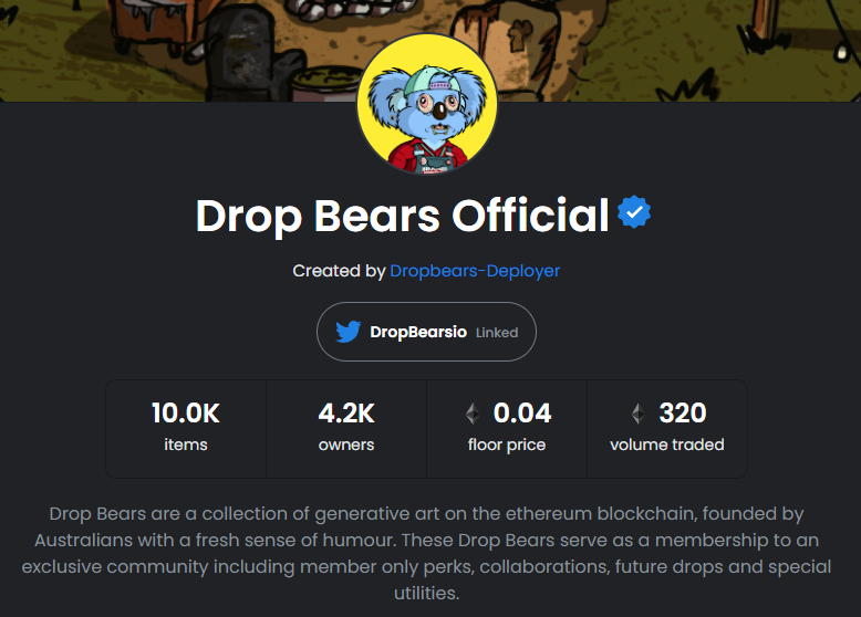 BearBoy619's tweet photo. From a 0.007 low point during the NFT bear season to now. Finally this Aussie project helping endangered wildlife is getting some recognition. We are moving!
Staking/3rd Drop/Gamification on its way
@DropBearsio #NFT #NFTs #NFTCommumity https://t.co/jyXsjgEDxI