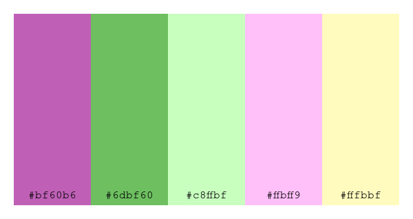 ColPaletteBot's tweet photo. Beep beep, here's a pretty color palette for you!
color-scheme.js parameters used:
- hue: 320
- variation: light
- colors: #bf60b6, #6dbf60, #c8ffbf, #ffbff9, #fffbbf
Have a lovely day!
#twitterbot #colorpalette #colors #palette #prettycolors https://t.co/9fMI5KMpAa