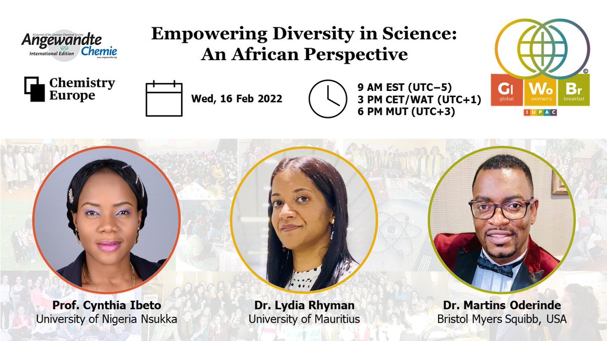 Chemistry Europe (@chemeurope) on Twitter photo Empowering Diversity in Science: An African Perspective
Learn how African chemists contribute to a diverse research community from <a href="/cynthiaibeto/">cynthiaibeto</a>, Lydia Rhyman & <a href="/oderinde_m/">Martins S. Oderinde, Ph.D</a> at our #GWB2022 event on Feb 16. #WomenInSTEM #BlackInChem
Free registration: register.gotowebinar.com/register/66143… Empowering Diversity in Science: An African Perspective
Learn how African chemists contribute to a diverse research community from <a href="/cynthiaibeto/">cynthiaibeto</a>, Lydia Rhyman & <a href="/oderinde_m/">Martins S. Oderinde, Ph.D</a> at our #GWB2022 event on Feb 16. #WomenInSTEM #BlackInChem
Free registration: register.gotowebinar.com/register/66143…
