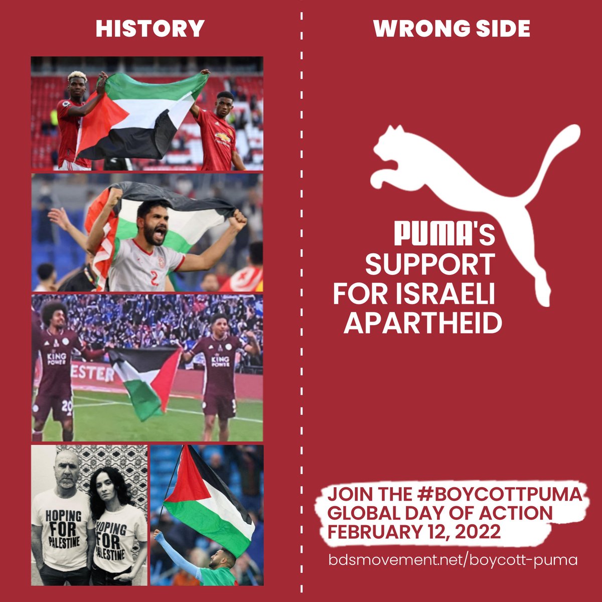 2021 saw unprecedented support for Palestinian rights from star athletes.
<a href="/PUMA/">PUMA</a>’s support for Israeli apartheid puts it on the wrong side of history.
Join #BoycottPUMA Day of Action, Feb 12, as we pressure PUMA to cut ties with Israeli apartheid. bit.ly/3HWtbxX