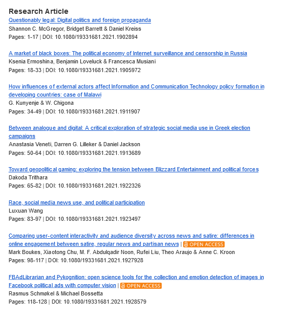 Journal of Information Technology &amp; Politics

Vol 19, Issue 1, Jan-March 2022 is now available online on @taylor Online.
tandfonline.com/toc/witp20/19/1

<a href="/shannimcg/">Shannon McGregor, PhD</a> <a href="/BridgetOBarrett/">Bridget Barrett @bridgetbarrett .bsky.social</a> @kreissdaniel <a href="/edok_lotosov/">Ksenia Ermoshina</a> <a href="/bloveluck/">Benjamin Loveluck</a> <a href="/DrDGL/">Darren Lilleker</a> <a href="/dan_jackson9/">Daniel Jackson</a> <a href="/anveneti/">Anastasia Veneti</a> <a href="/sanchxuan/">Luxuan Wang</a> <a href="/dtrithara/">Dakoda Trithara</a>  <a href="/Wchigona/">Wilson Chigona</a>