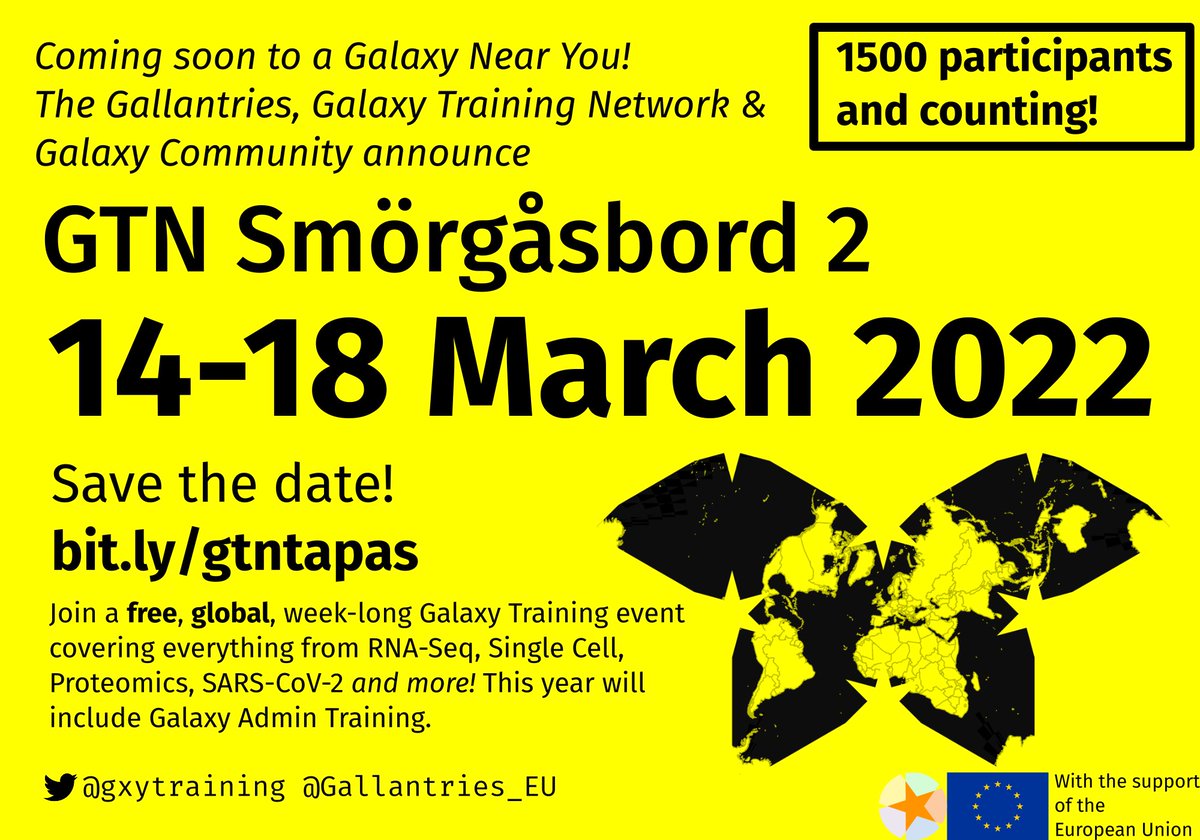 WOW! @gxytraining Smörgåsbord 2: Tapas has 1500 people (and counting!) registered to learn how to #usegalaxy for their RNA-Seq, Single Cell, Proteomics, COVID-19 analysis and more this March. 30 days left to register! bit.ly/gtntapas