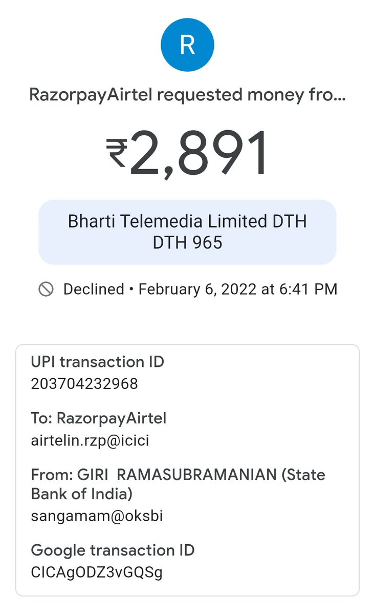 rsGiri's tweet photo. Hello @Airtel_Presence - I switched to Airtel services from another operator today (port). Only mobile phone - prepaid account.

Any idea why are you sending money request on my UPI suddenly? 

That too for a huge 2891 rupees?

Why do you want to loot my hard earned money? https://t.co/TNBBPrk40S