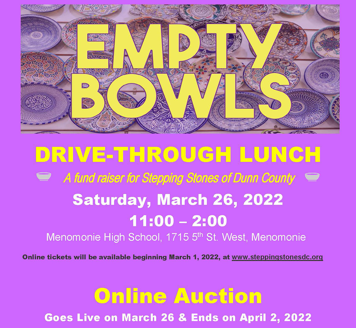 StepStoneofDC's tweet photo. On Sat., March 26 from 11 am to 2 pm, Menomonie High will serve as the host site for Empty Bowls 2022 Drive-Through Lunch, offering several versions of a to-go menu of soup, bread and  dessert to pick up. Online (only) tickets will go on sale March 1. Details coming soon! https://t.co/sdpO4nxLhK