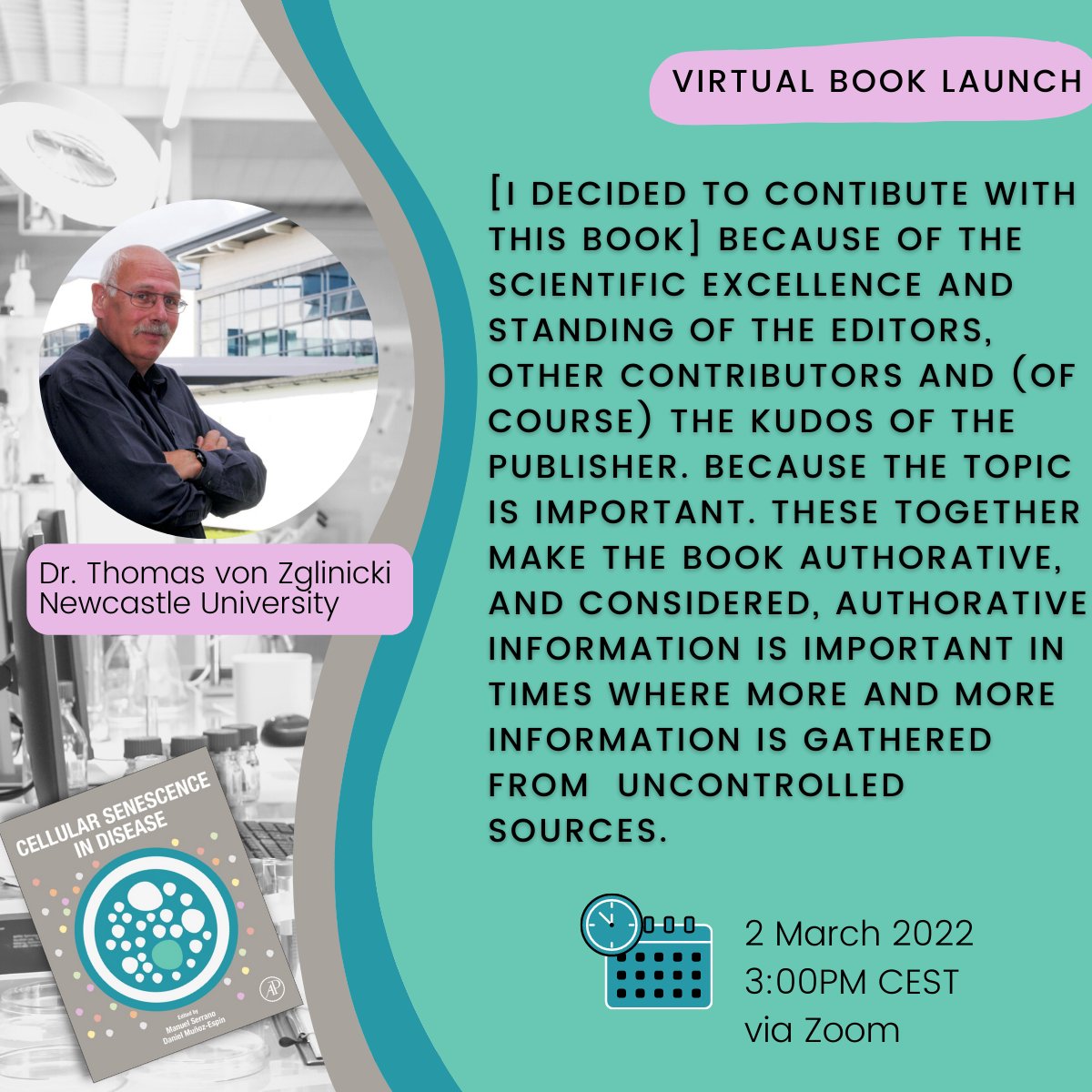 Want to learn about the molecular mechanisms of Cellular Senescence? Many key researchers, like Dr. Zglinicki, contributed to bit.ly/CellSenec_Book. Join them in the virtual book launch: bit.ly/CellSenesc