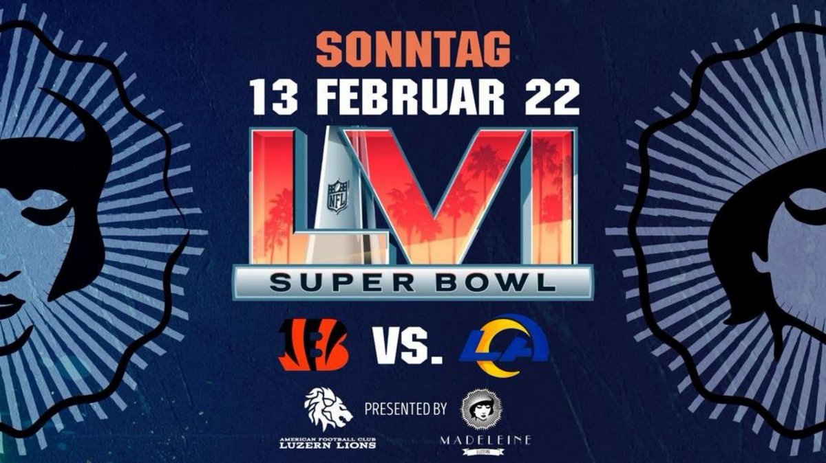 LuzernLions's tweet photo. SUPER BOWL TIME!

Die Luzern Lions laden ein! 

13. Februar 2022, ab 22:00
Super Bowl-Übertragung live aus LA: Rams vs. Bengals
Madeleine Établissement
Baselstrasse 15
6003 Luzern

Es gilt Covid-Zertifikatspflicht (2G+) für die Veranstaltung. Einlass ab 18 Jahren. https://t.co/k8iynI1qib