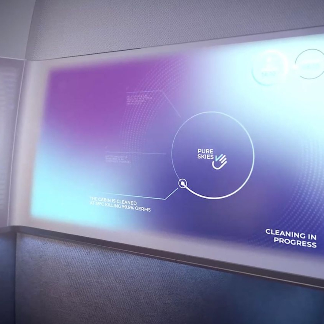 appintheair's tweet photo. Have you heard of the #PureSkies project?

London design firm, @Priestmangoode, developed this concept to address #inflight health and safety concerns. These #innovative seats self-clean, report cleaning progress on-screen, and have are staggered in economy for added space. https://t.co/zk5EBSm8rc