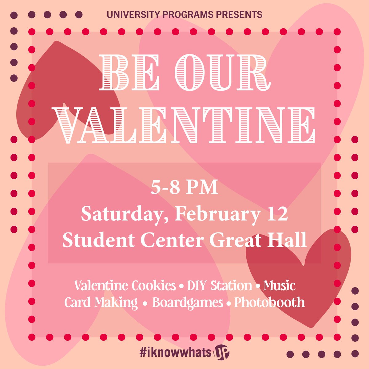 UAwhatsUP's tweet photo. No Valentine❓No problem❗ UP has got you covered! 😍 Be our Valentine this Saturday! 👀 We've got you cookies, DIYs, music, card making, games, and a photo booth! 💯 #iknowwhatsUP

📆 Saturday, Feb. 12
📍 Student Center Great Hall
⏰ 5 - 8 PM https://t.co/59HOZ4gqqk