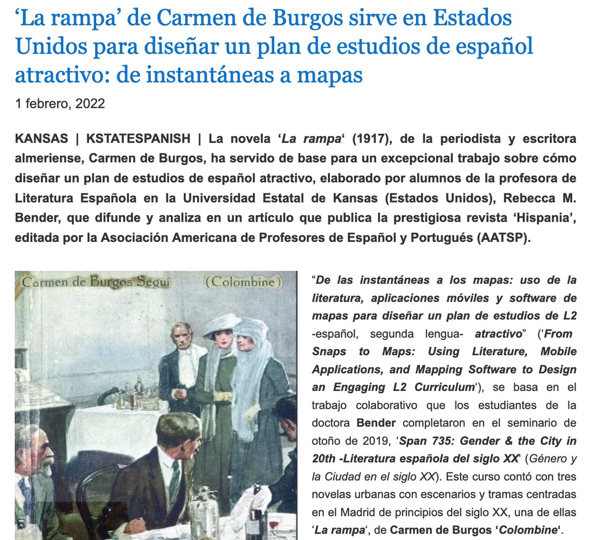 kstatespanish's tweet photo. Digital projects made by #KStateSpanish students have been featured on the blog of the Spanish Association of Journalists & the Association of the Almerian Press, which promote the work of Spanish author/activist Carmen de Burgos: https://t.co/NnwTugbmzl @KStateRE @KStateArtSci https://t.co/CpVCfSIeTJ