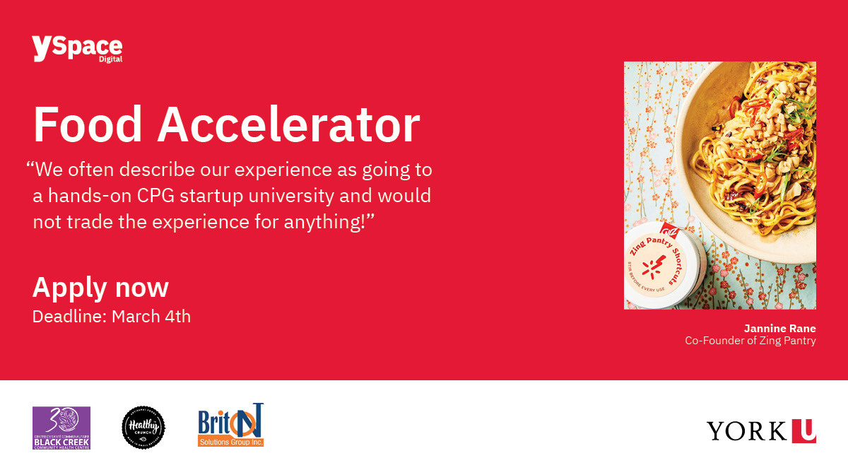 Do you have a new Food and Beverage business in the market but are looking for help and connections to grow? Apply to our 5-month accelerator program to gain expert insights and the network you need for success! Apply here by March 4th: yspace.yorku.ca/food-accelerat…

#YSpace #YRFood