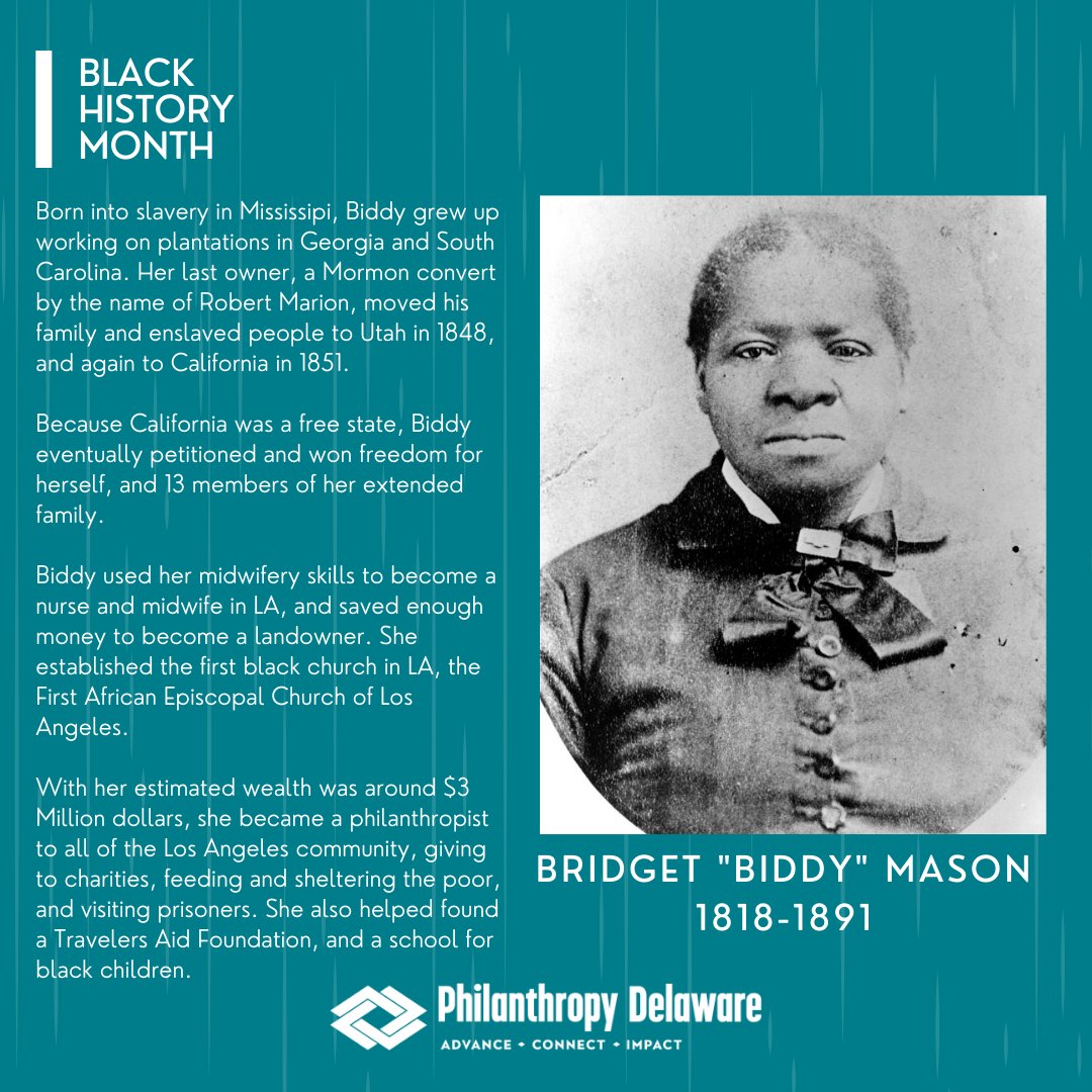 To celebrate #BlackHistoryMonth, we're sharing stories of black #philanthropists in our country, and highlight how their contributions helped the communities they served.

Today we feature #BiddyMason. You can learn more about her here: nps.gov/people/biddyma…

#BlackHistory