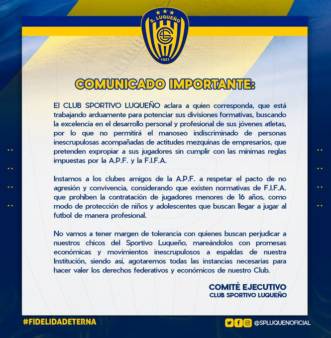 SomosVsSports's tweet photo. 🚨Comunicado del #SportivoLuqueño con respecto a la prohibición de contratación de jugadores menores de 16 años.

📸 Sportivo Luqueño

#VersusRadio @Universo970py https://t.co/cSnDsoPCmh