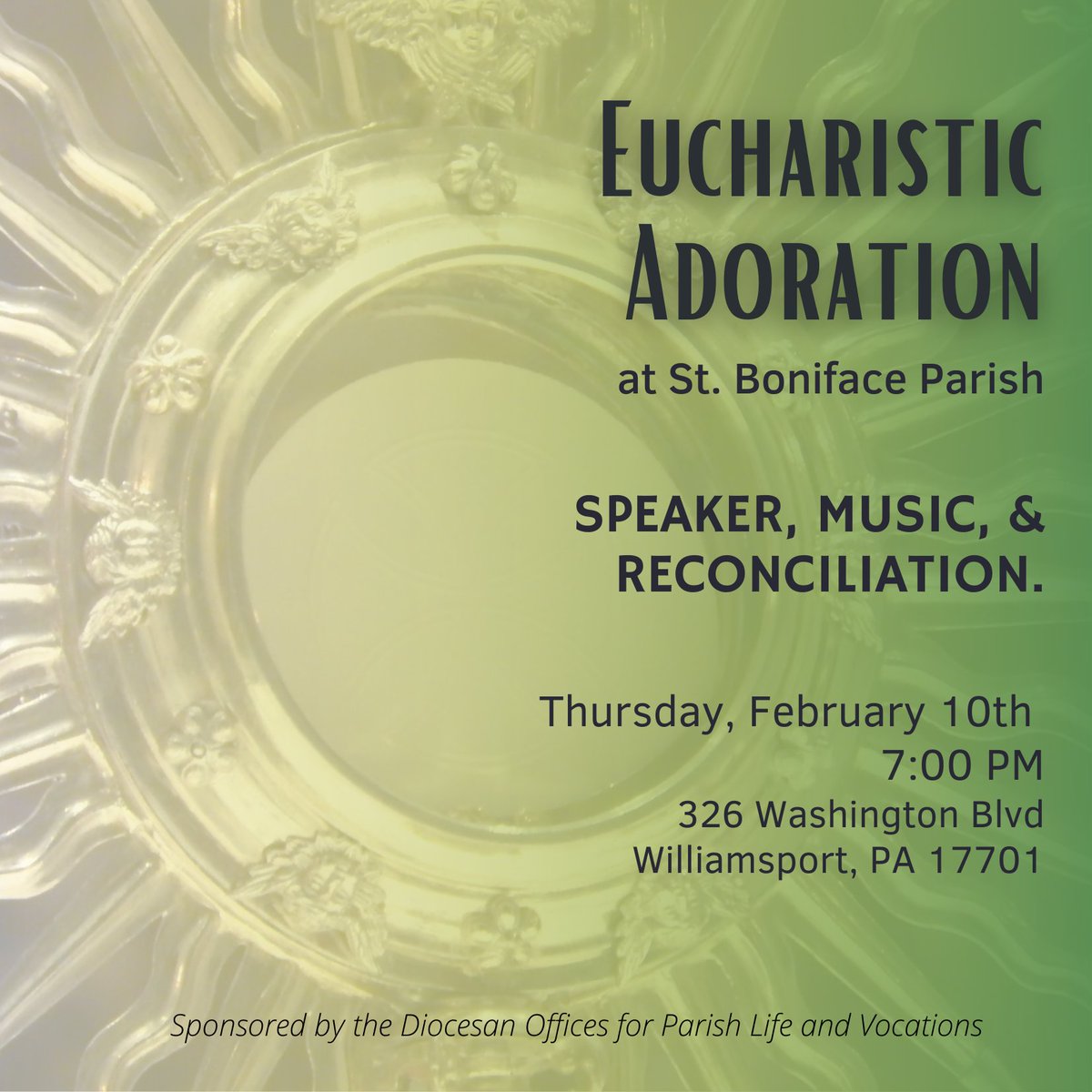 scrantonvoc's tweet photo. Eucharistic Adoration is back this evening at Saint Boniface Parish, Williamsport at 7PM.

The evening will consist of prayer, a dynamic talk, music, opportunity for the Sacrament of Reconciliation, and a social. 

All are welcome to attend! https://t.co/3WuidORqab