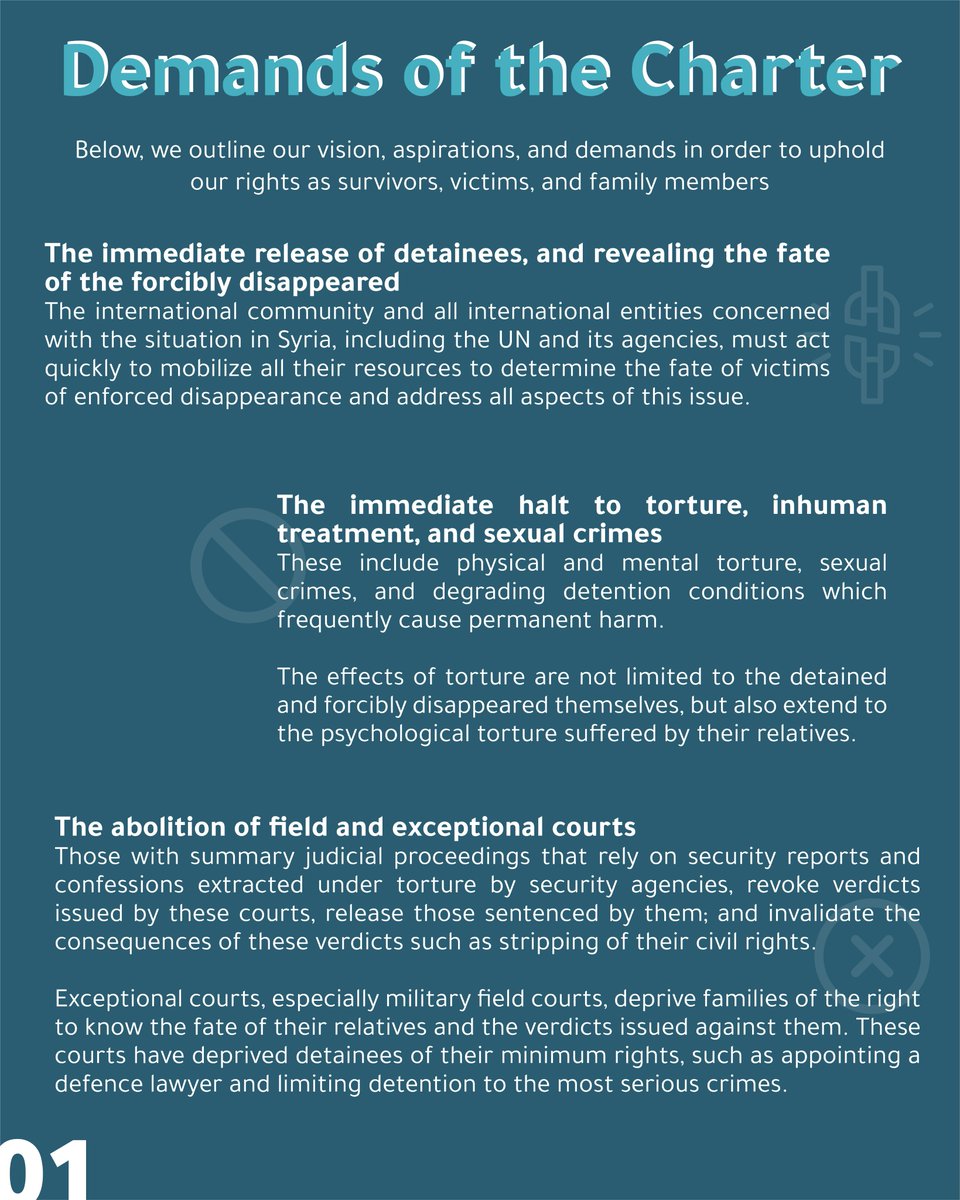 taafi_SY's tweet photo. On the 1st anniversary of the launch of the Truth and Justice charter, we, Survivors & families associations remind you of the charter's demands based on the victims’ and families' perspectives.
#TruthandJusticeFirst https://t.co/n7smTfRBfw