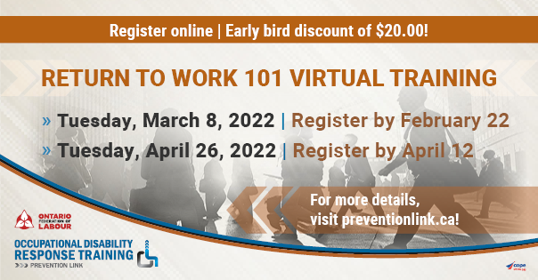 Preventionlink's tweet photo. Are you interested in gaining the tools to develop strategies to assist workers with disabilities, individually and collectively; and return them to long-term healthy & productive employment? PL's RTW 101 virtual training is just the course for you! https://t.co/gZ5sACNuJH