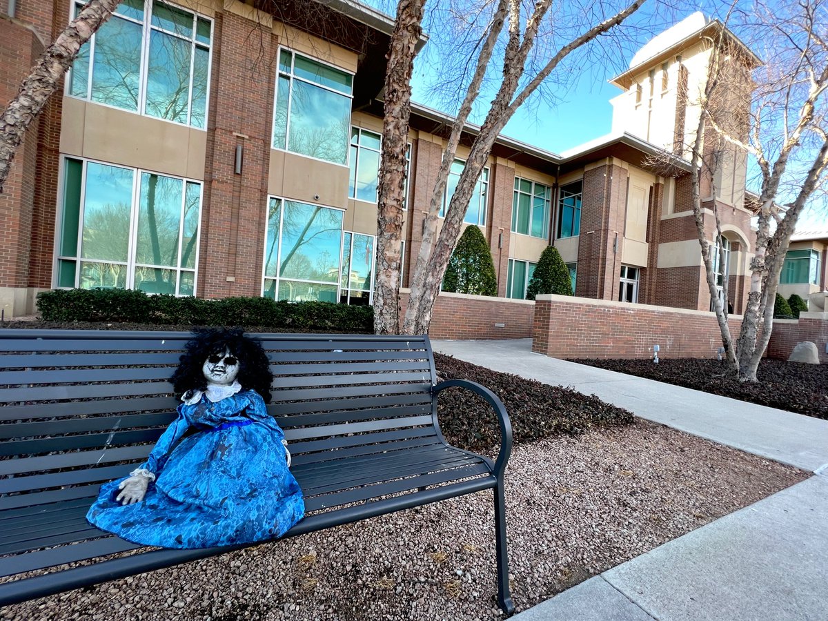 So nooormally we’d bring lost and found items inside the building, but uh…yea. If you’re missing your Creepy Victorian Murder Doll — we’ll go with Vicki M. for short— she’s up here visiting Keller Town Hall, chillin’ on the front bench presumably cursing everyone who walks past.