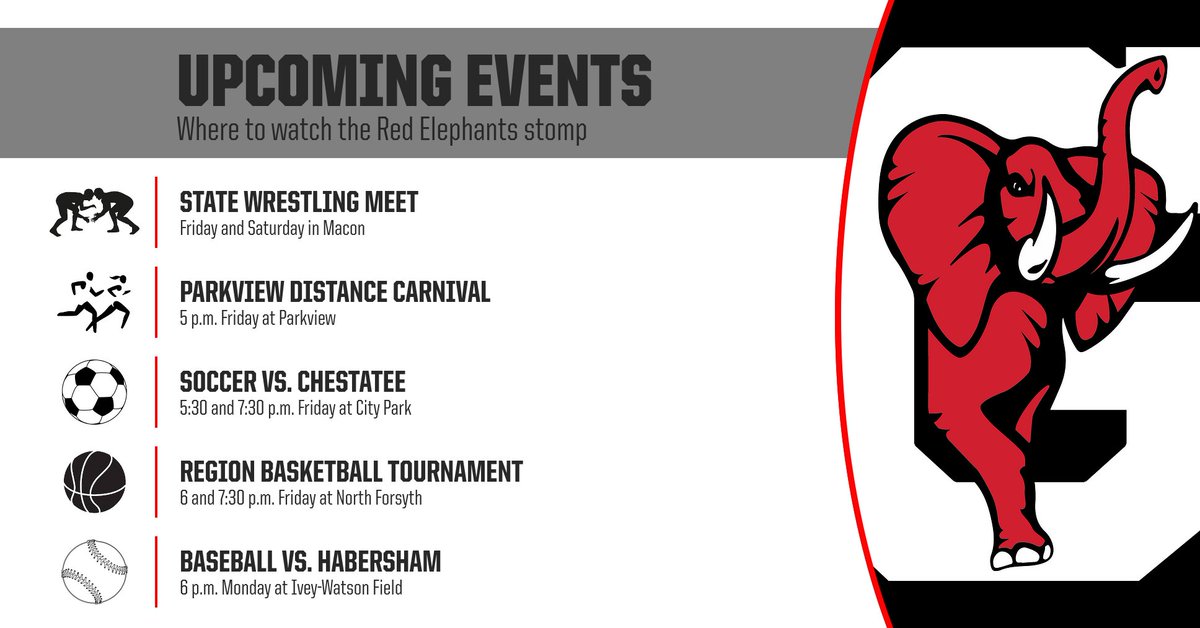 goredelephants's tweet photo. The Red Elephants are roaming near and far over the next few days: join the herd, it's #timetostomp #GoBigRed @GCSS_GHS @GCSSK12 @bigred_wbb @GVille_Hoops @GHSBigRedSoccer @ghsrunning @Wrestling_GHS1 @bigred_baseball https://t.co/HcXnApLj61