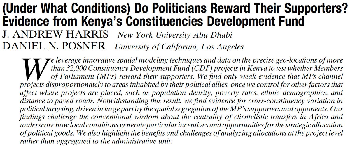 It's #TBT - @jandrewharris & @DanielNPosner look at Kenya's Constituency Development Fund to ask, 'Under what conditions do politicians reward their supporters?' #APSR #polisciresearch ow.ly/XiJf50HNaLq