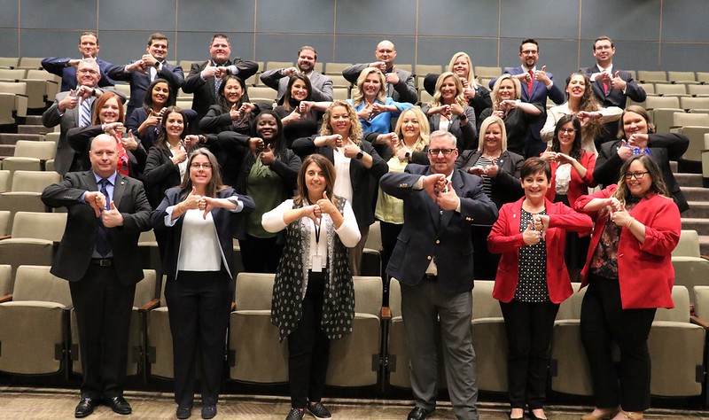 MoDOT's tweet image. State employees in the latest Missouri Leadership Academy, including two from our MoDOT Team, are showing their support for safe driving behaviors! 
Join them, and take the pledge to #BUPD every trip: form.jotform.com/70314101030128