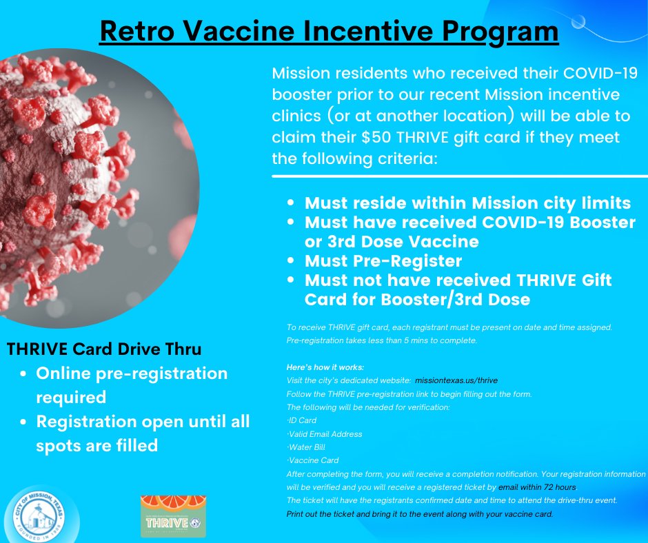 Registration for our retro vaccine program is OPEN AGAIN!
🚨 If you're a fully vaccinated Mission resident, you qualify for a $50 THRIVE gift card, but you MUST pre-register. Registration IS OPEN UNTIL SPOTS ARE FILLED. ⬇
missiontexas.us/thrive/
