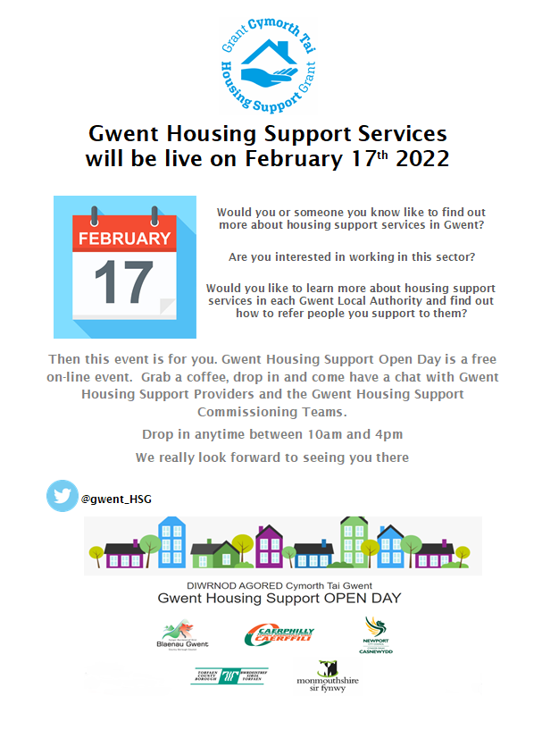 Gwent Housing Support Virtual Open Day

You can find out more and register for the event here: Gwent Housing Support OPEN DAY (vfairs.com)