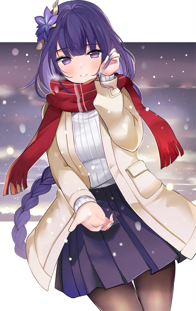 raiden shogun 1girl solo scarf pantyhose red scarf purple eyes skirt  illustration images