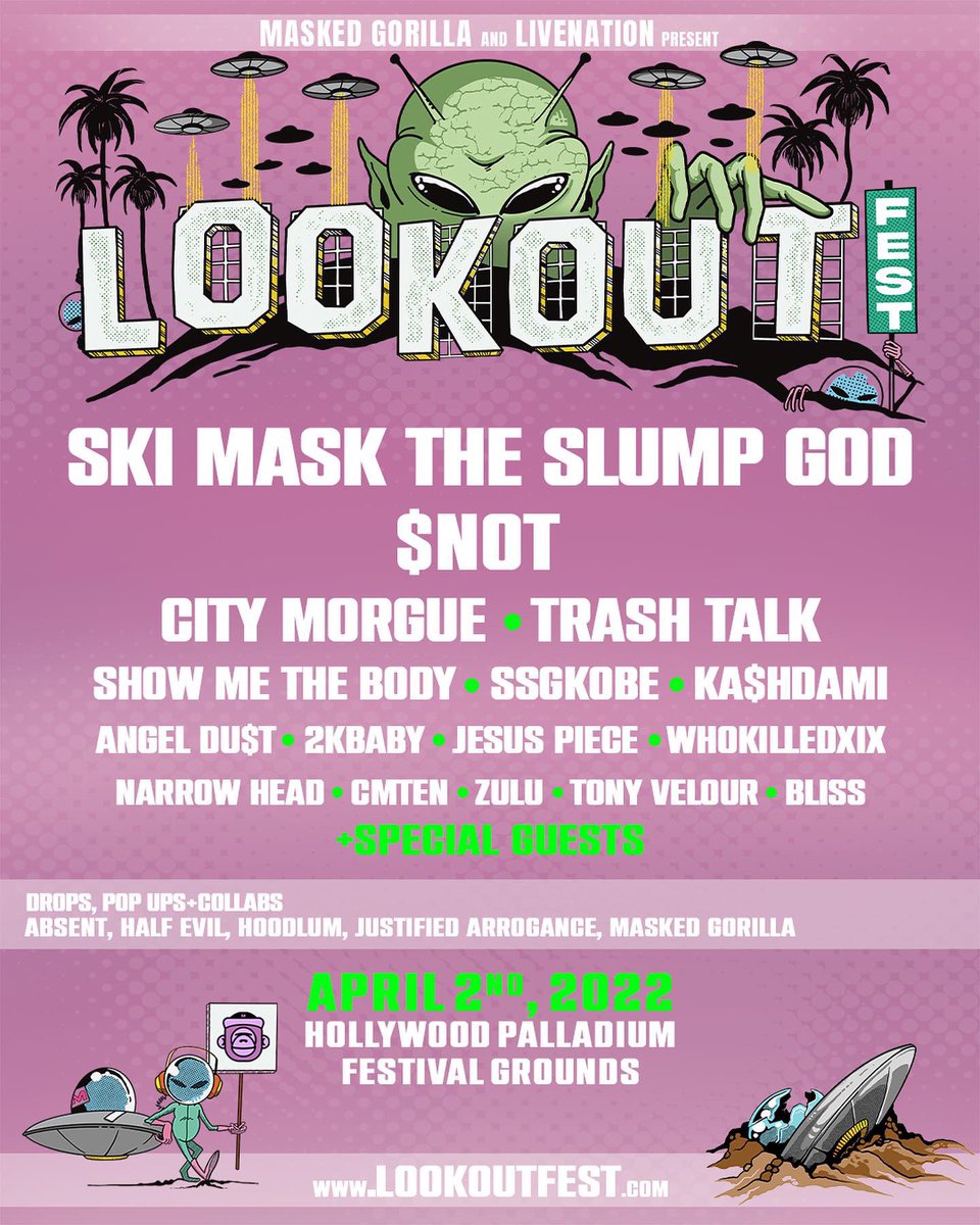 brooklynvegan's tweet photo. Ski Mask the Slump God, $NOT, City Morgue, Trash Talk and more are playing Los Angeles' Lookout Fest: https://t.co/DjNYooKTDm https://t.co/mGbm5wF705