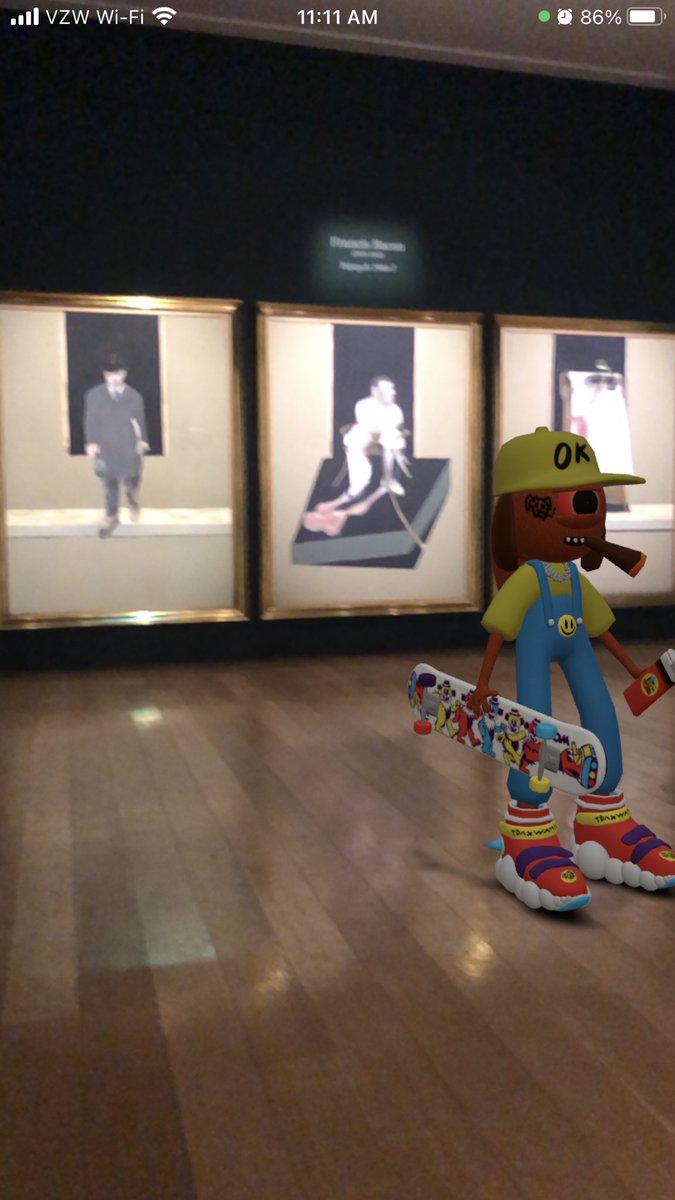 hanging with #dutchie a <a href="/thedigitalacid/">The Digital Acid</a> AR character/NFT at  <a href="/ChristiesInc/">Christie's</a> NYC looking at the Francis Bacon triptych just announced it will be on view till the 15th at Rockefeller Center.