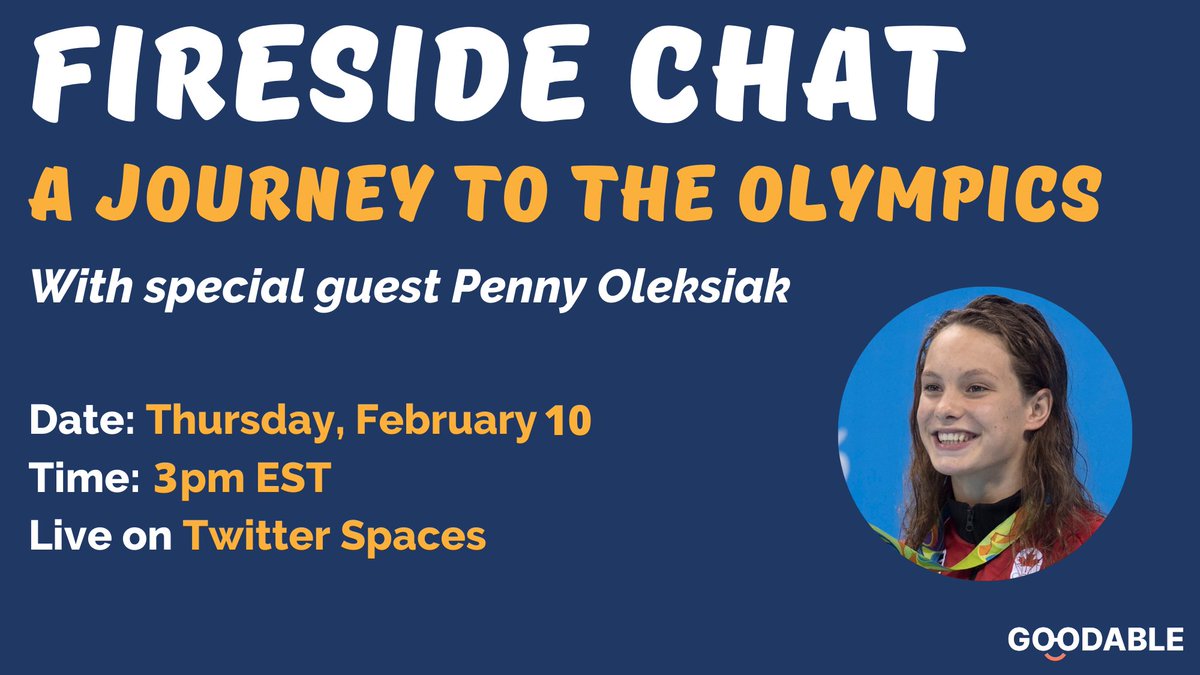 Today's the day!

Join us live today at 3pm ET on Twitter Spaces for an intimate fireside chat with Canada's most-decorated Olympian - <a href="/OleksiakPenny/">Penny Oleksiak</a>.

We're gonna chat about medals, life, and mental health, with lots of room for questions from all of you!
