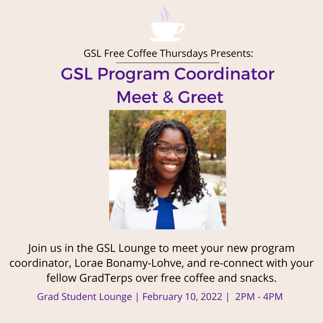 UMDGSL's tweet photo. ITS THURSDAYYYYYY! 😆 Stop by the Grad Student Lounge for free coffee or tea! We’ll also be having a meet &amp; greet at 2pm with free snacks! Come meet your GSL program coordinator &amp; get early access to our next event at the National Museum of African American of History &amp; Culture! https://t.co/Bh6KueHo1y