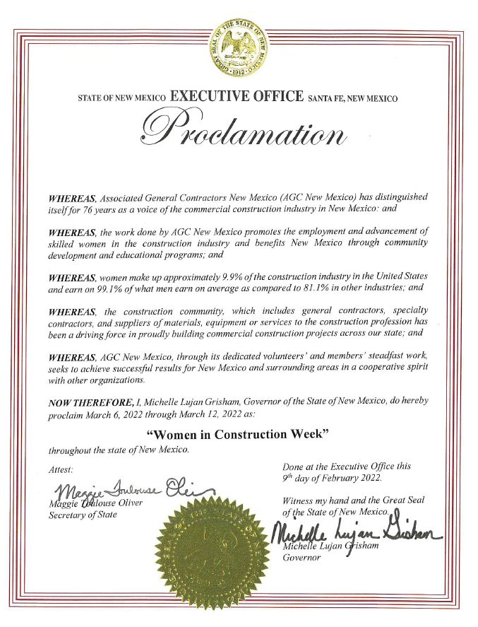 A special thanks to our Governor Michelle Lujan Grisham for the State of New Mexico Proclamation for Women of the Construction Industry Week, Mar. 6-12. 
Join us on March 10 at Sandia Golf Event Center for our Annual Women of the Construction Industry!

lnkd.in/gSw725dJ