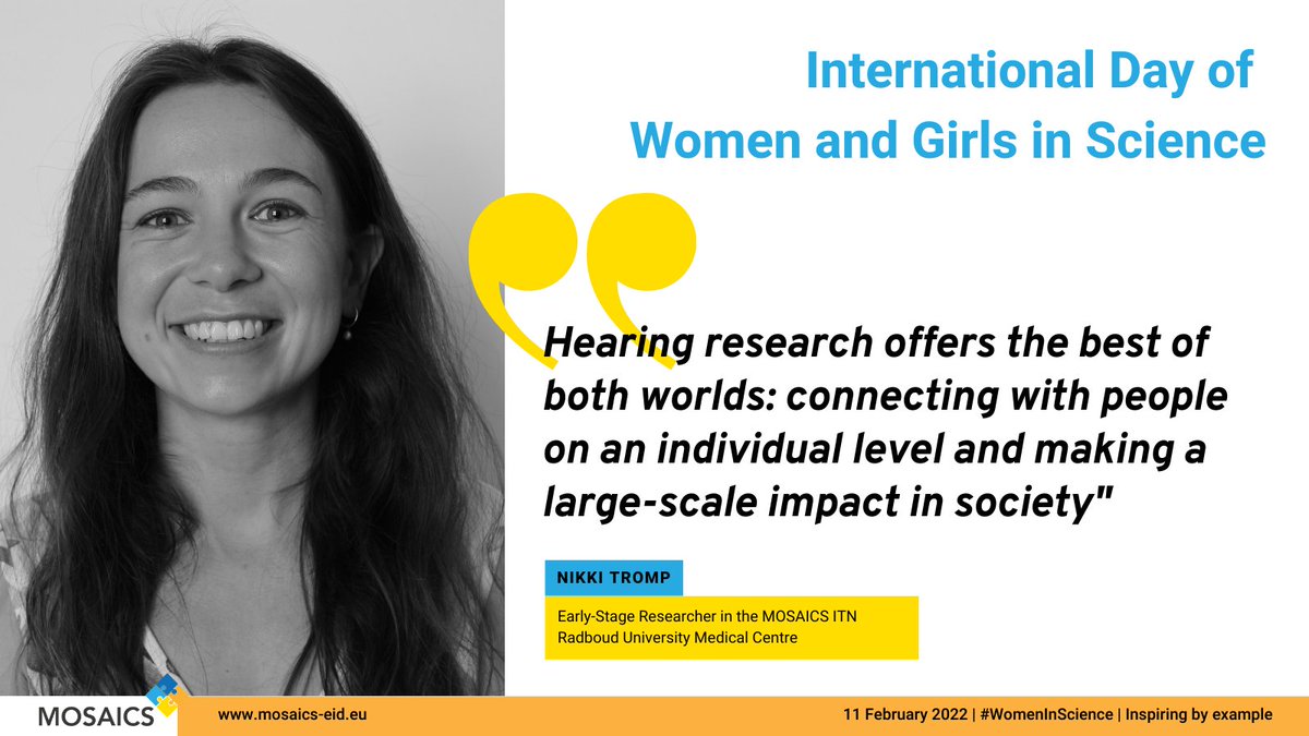 On #February11 we celebrate all #WomenInScience, their struggles, achievements and dreams❗️   
Read about Nikki and how she's pursuing her passion for patient-centred care through🦻#research: mosaics-eid.eu/2022/02/11/mos…
<a href="/WomenScienceDay/">Women in Science Day</a>  #MSCA @MSCActions <a href="/radboudumc/">Radboudumc</a>