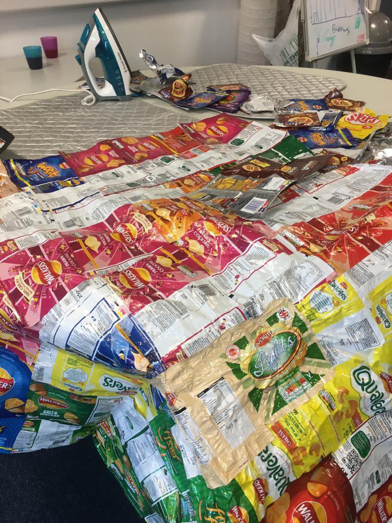 mediacityhub's tweet photo. The 1st #crisppacketblankets have gone to @Emmaus_Salford to give to the local homeless community. Thank you to our wonderful volunteers who have come each week to iron the packets together. A fantastic example of #recycling and #reusing π @gmenvfund @recycle4gm #gmenvfund https://t.co/RF2MMGUqEP