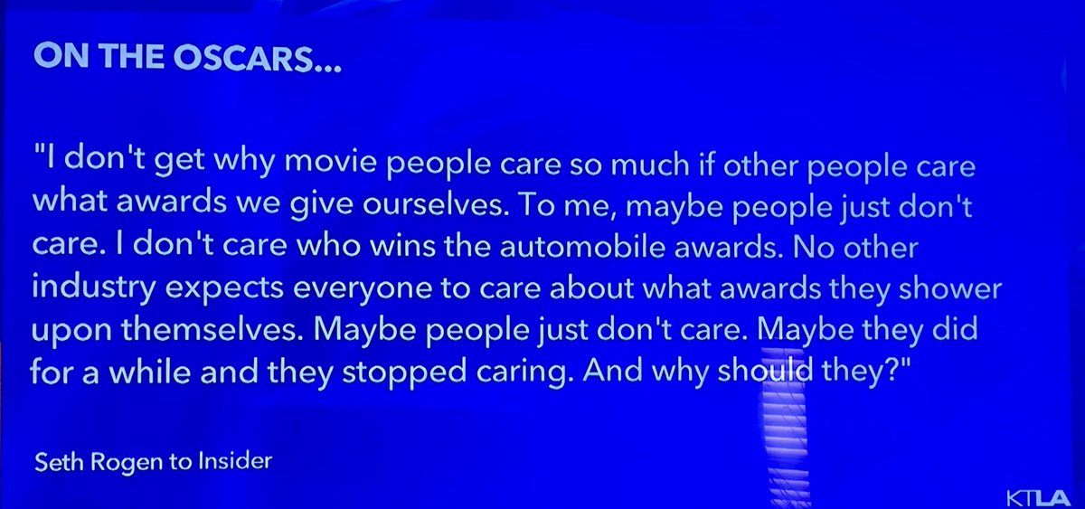 nycdek's tweet photo. On Oscars: “I don't get why movie people care so much if other people care what awards we give ourselves…Maybe people just don't care… And why should they?" - Seth Rogen (see pic for full quote) #oscars #truth https://t.co/HVqhURkO86