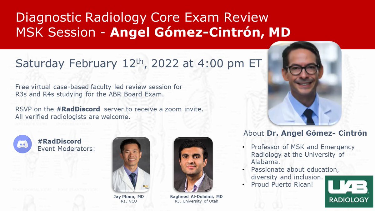 RadDiscord's tweet photo. Did you think we forgot? #Never
Two exciting Core review case conference sessions this weekend at 4 PM EST!
Please join us on Saturday for an MSK Review by @skeletalrad and on Sunday for a Chest Review by @JeffreyKanneMD !!!
#CoreReview #Radres #Radreseducation #PassTheBoards https://t.co/mLP890kFOK