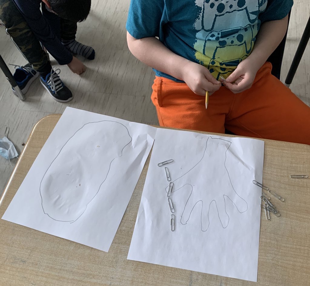 We are practicing our measuring skills by using different measuring tools and proper techniques to find the length of our hands and feet! Today we used paper clips! 📎 (thanks <a href="/Southview1A/">Mrs. York's Class at Southview</a> for sharing)