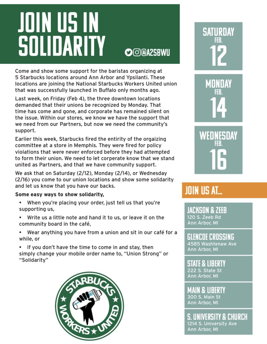 Drop by this weekend and show some solidarity to your Ann Arbor Starbucks Partners in their fight for a union.
Help us show Starbucks that our union has your support!