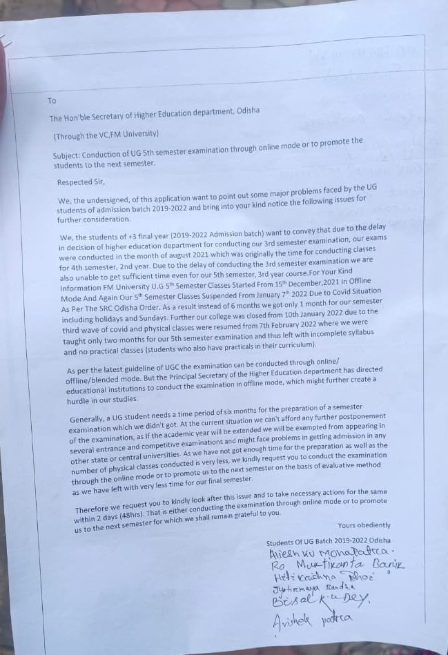 fmu_union's tweet photo. Sir we are the #students of Fm university. We have send a demand letter regarding our ug 5th semester exam through our @FakirMohanUniv Vice chancellor. Please look into the matter and solve our problems.
@CMO_Odisha 
@DHE_Odisha 
@dr_arunsahoo 
@FakirMohanUniv https://t.co/XDTnHr6Dd7