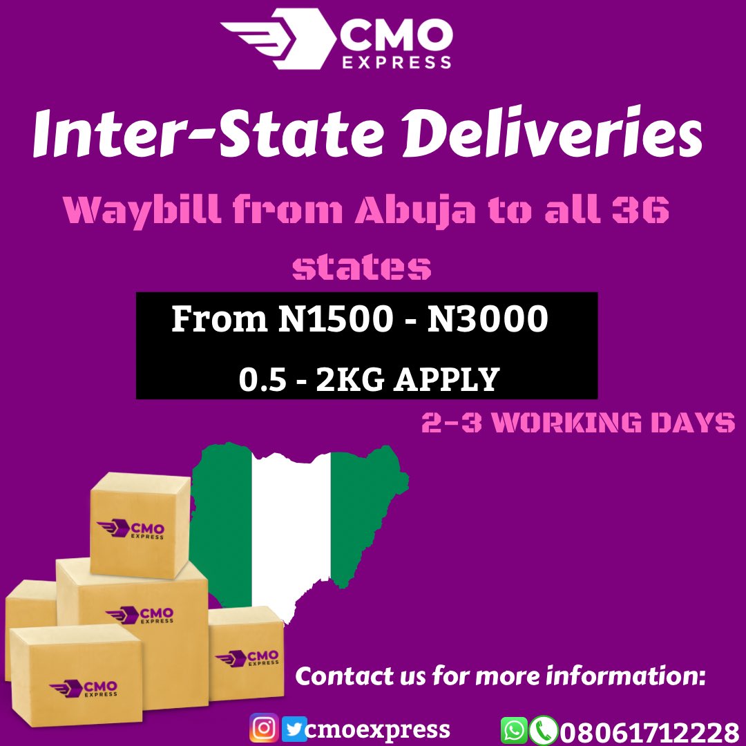 cmoexpress's tweet photo. Need a logistics company that does Inter-state deliveries in Abuja?? 

Send us a DM or call us on 08061712228 

#AbujaTwitterCommunity https://t.co/qtT00TQQhX