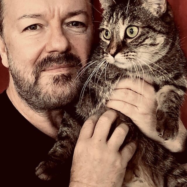 rickygervais's tweet photo. Thanks for all your cat photos. This was our first ever selfie together. #Rescue @PickliciousF https://t.co/nL3vlDhsfV