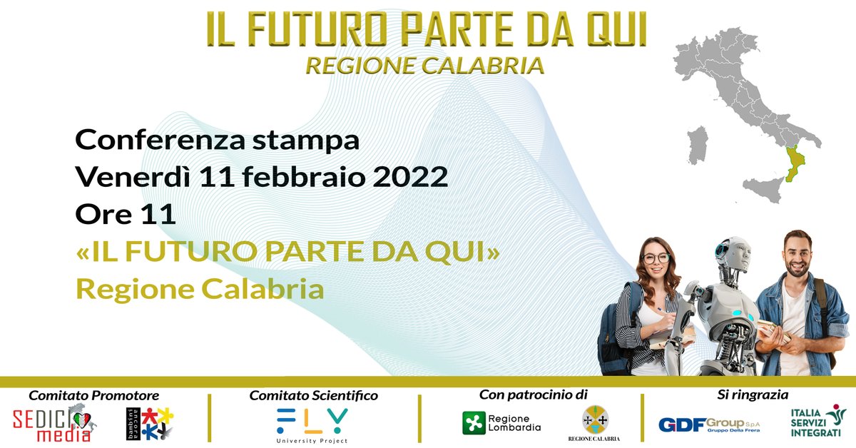 EtsFly's tweet photo. 🔵IL FUTURO PARTE DA QUI🔵👉 Appuntamento a domani per la conferenza stampa di lancio del progetto "IL FUTURO PARTE DA QUI - Regione Calabria". Per tutte le informazioni visitate la pagina https://t.co/coSri6dNsR #givewingstothefuture #università #giovani  #artificialintelligence https://t.co/2J0g6xu0op